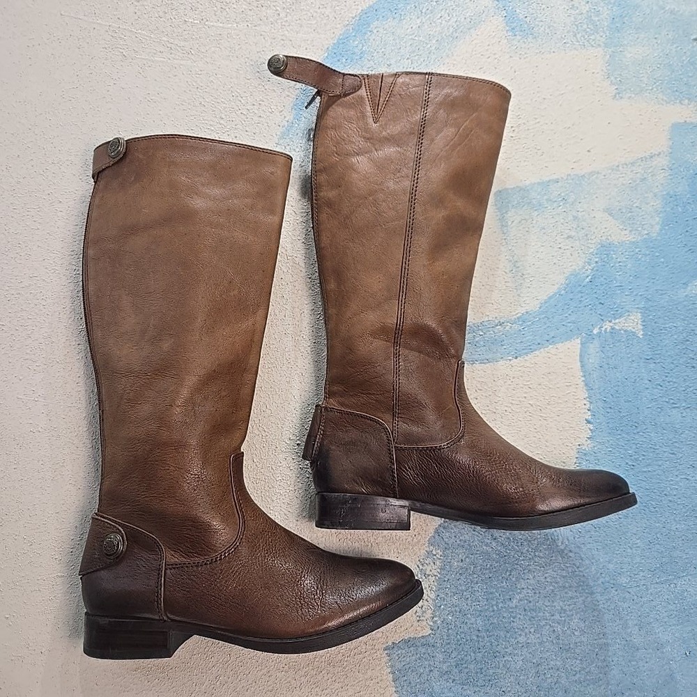 ARTURO CHIANG Women's Size 6 Brown Leather Tall Riding Boots Brass‎ Buttons GUC